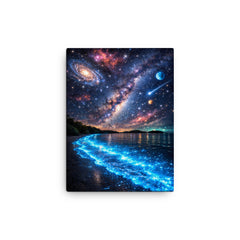Bioluminescent Mosquito Bay under impossible starfield canvas print on a plain backdrop in size 12"x16".