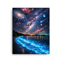 Bioluminescent Mosquito Bay under impossible starfield canvas print on a plain backdrop in size 16"x20".