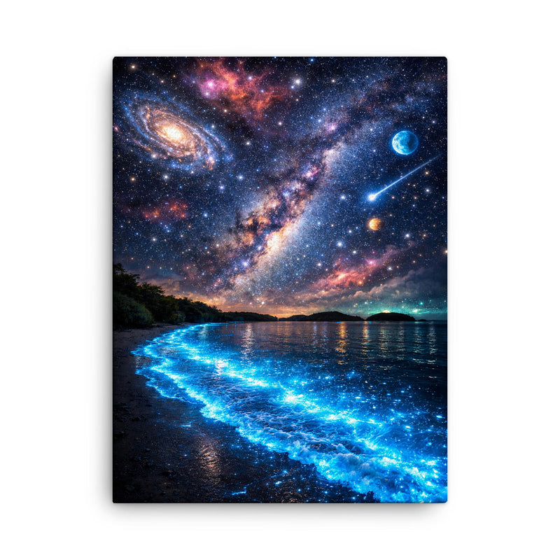 Bioluminescent Mosquito Bay under impossible starfield canvas print on a plain backdrop in size 18