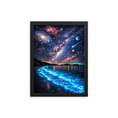 Bioluminescent Mosquito Bay under impossible starfield framed print on a plain backdrop in size 12"x16".