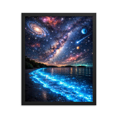 Bioluminescent Mosquito Bay under impossible starfield framed print on a plain backdrop in size 16"x20".