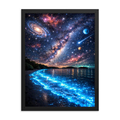 Bioluminescent Mosquito Bay under impossible starfield framed print on a plain backdrop in size 18"x24".