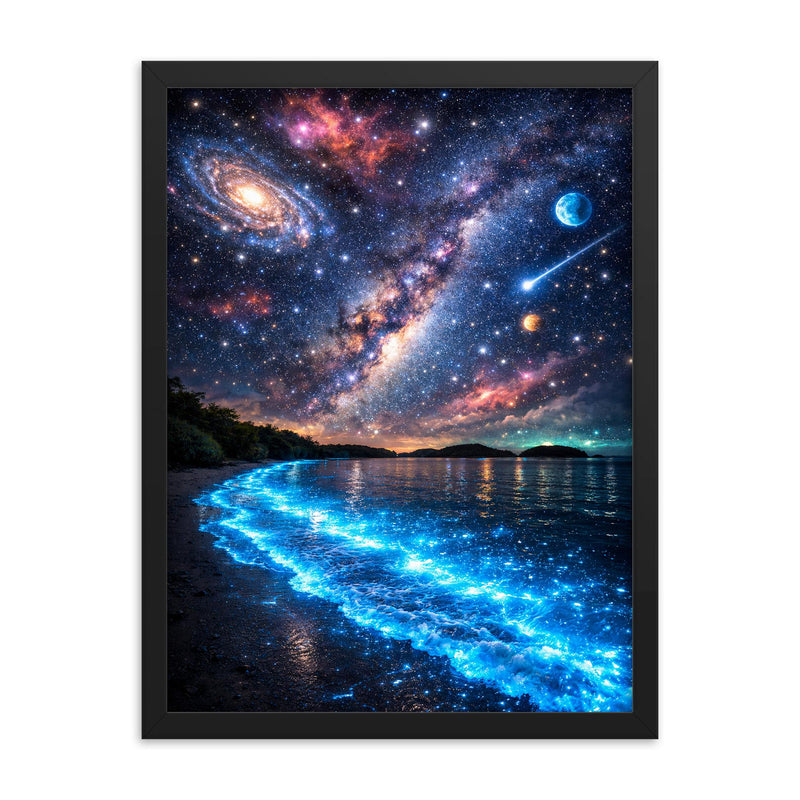 Bioluminescent Mosquito Bay under impossible starfield framed print on a plain backdrop in size 18