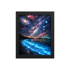 Bioluminescent Mosquito Bay under impossible starfield framed print on a plain backdrop in size 8"x10".