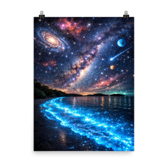 Bioluminescent Mosquito Bay under impossible starfield poster on a plain backdrop in size 8"x10".