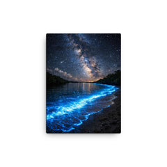 Bioluminescent Mosquito Bay under starfield canvas print on a plain backdrop in size 12"x16".