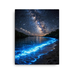 Bioluminescent Mosquito Bay under starfield canvas print on a plain backdrop in size 16"x20".