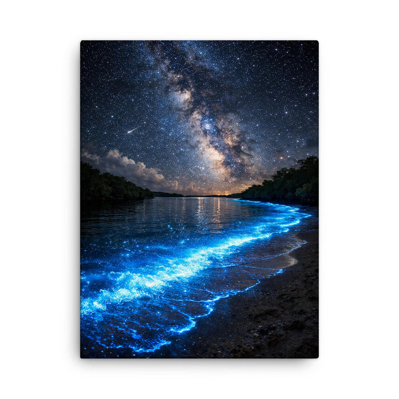 Bioluminescent Mosquito Bay under starfield canvas print on a plain backdrop in size 18