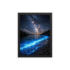 Bioluminescent Mosquito Bay under starfield framed print on a plain backdrop in size 12"x16".