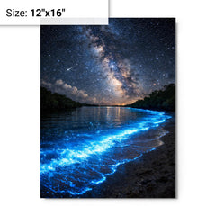 Bioluminescent Mosquito Bay under starfield metal print on a plain backdrop in size 12"x16".
