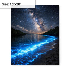 Bioluminescent Mosquito Bay under starfield metal print on a plain backdrop in size 16"x20".