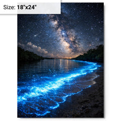 Bioluminescent Mosquito Bay under starfield metal print on a plain backdrop in size 18"x24".