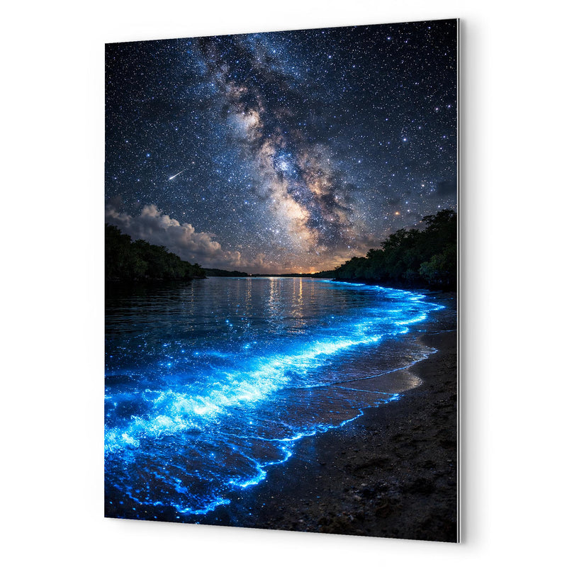 Bioluminescent Mosquito Bay under starfield metal print mockup
