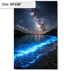 Bioluminescent Mosquito Bay under starfield metal print on a plain backdrop in size 24"x36".