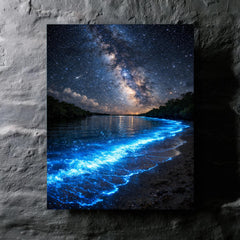 Bioluminescent Mosquito Bay under starfield metal print mockup