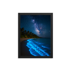 Bioluminescent Mosquito Bay under tropical stars framed print on a plain backdrop in size 12"x16".