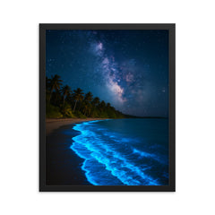 Bioluminescent Mosquito Bay under tropical stars framed print on a plain backdrop in size 16"x20".