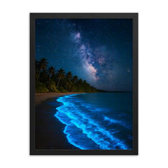 Bioluminescent Mosquito Bay under tropical stars framed print on a plain backdrop in size 18"x24".