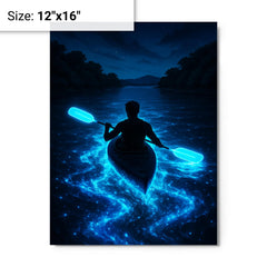 Bioluminescent Mosquito Bay with neon oars metal print on a plain backdrop in size 12"x16".