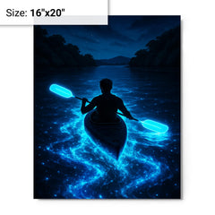 Bioluminescent Mosquito Bay with neon oars metal print on a plain backdrop in size 16"x20".