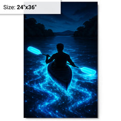 Bioluminescent Mosquito Bay with neon oars metal print on a plain backdrop in size 24"x36".