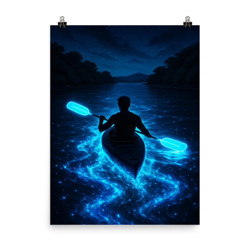 Bioluminescent Mosquito Bay with neon oars poster on a plain backdrop in size 8