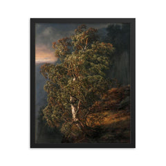 Birch Tree in a Storm by Johan Christian Clausen Dahl, 1849 framed print on a plain backdrop in size 16"x20".