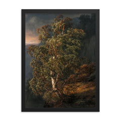 Birch Tree in a Storm by Johan Christian Clausen Dahl, 1849 framed print on a plain backdrop in size 18"x24".
