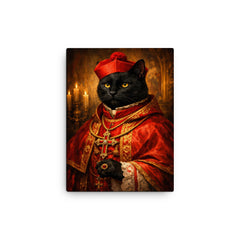 Black cat cardinal in crimson vestments canvas print on a plain backdrop in size 12"x16".