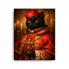 Black cat cardinal in crimson vestments canvas print on a plain backdrop in size 16"x20".