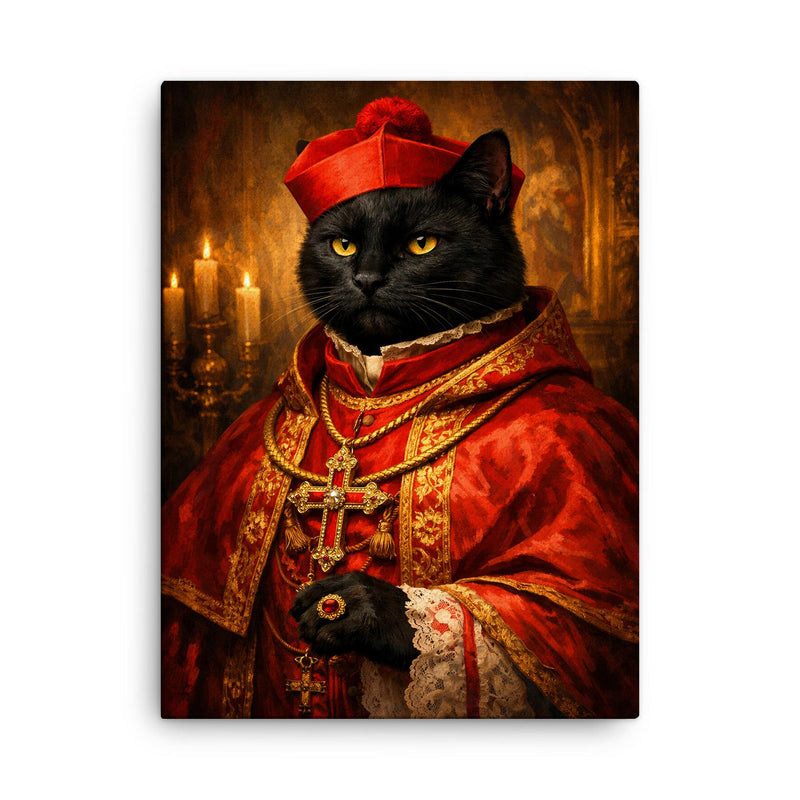 Black cat cardinal in crimson vestments canvas print on a plain backdrop in size 18