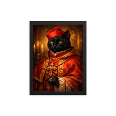 Black cat cardinal in crimson vestments framed print on a plain backdrop in size 12"x16".