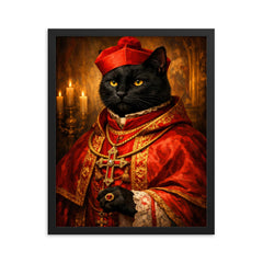 Black cat cardinal in crimson vestments framed print on a plain backdrop in size 16"x20".