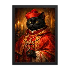 Black cat cardinal in crimson vestments framed print on a plain backdrop in size 18"x24".