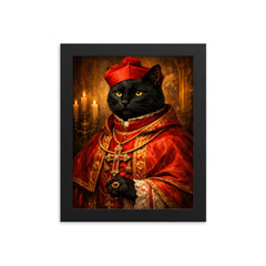Black cat cardinal in crimson vestments framed print on a plain backdrop in size 8"x10".