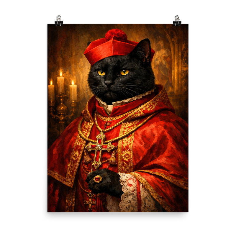 Black cat cardinal in crimson vestments poster on a plain backdrop in size 8