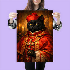 Black cat cardinal in crimson vestments poster 3