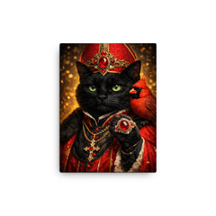Black cat cardinal with jeweled ring canvas print on a plain backdrop in size 12"x16".