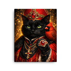 Black cat cardinal with jeweled ring canvas print on a plain backdrop in size 16"x20".