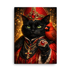 Black cat cardinal with jeweled ring canvas print on a plain backdrop in size 18"x24".