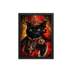 Black cat cardinal with jeweled ring framed print on a plain backdrop in size 12"x16".