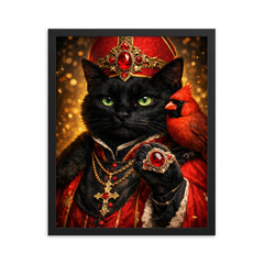 Black cat cardinal with jeweled ring framed print on a plain backdrop in size 16"x20".