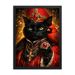 Black cat cardinal with jeweled ring framed print on a plain backdrop in size 18"x24".
