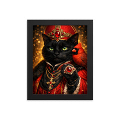 Black cat cardinal with jeweled ring framed print on a plain backdrop in size 8"x10".