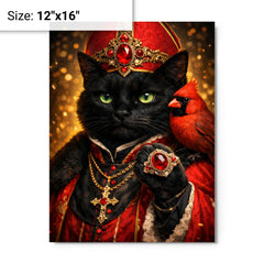 Black cat cardinal with jeweled ring metal print on a plain backdrop in size 12"x16".