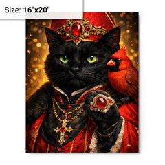 Black cat cardinal with jeweled ring metal print on a plain backdrop in size 16"x20".