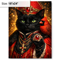 Black cat cardinal with jeweled ring metal print on a plain backdrop in size 18"x24".