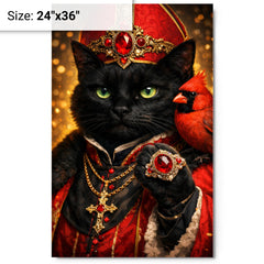 Black cat cardinal with jeweled ring metal print on a plain backdrop in size 24"x36".