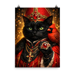 Black cat cardinal with jeweled ring poster on a plain backdrop in size 8"x10".