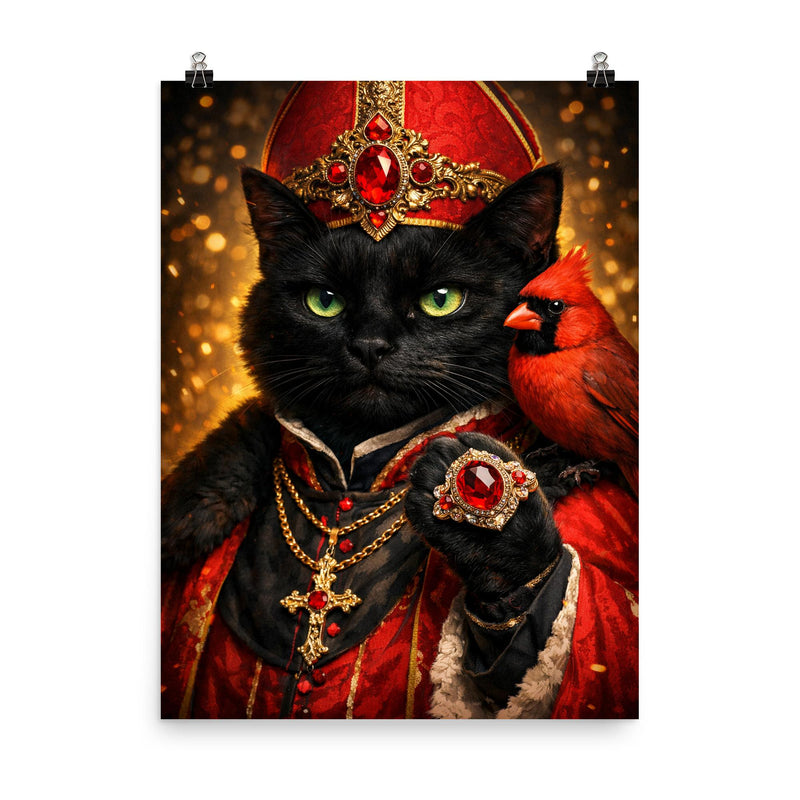 Black cat cardinal with jeweled ring poster on a plain backdrop in size 8